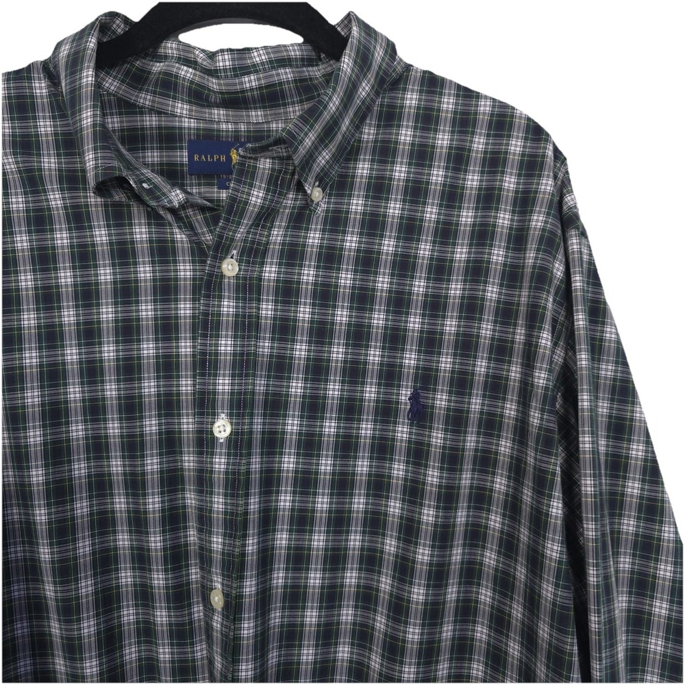 RALPH LAUREN Men's Shirt XXL Classic Fit Plaid Green White Button Down Cotton